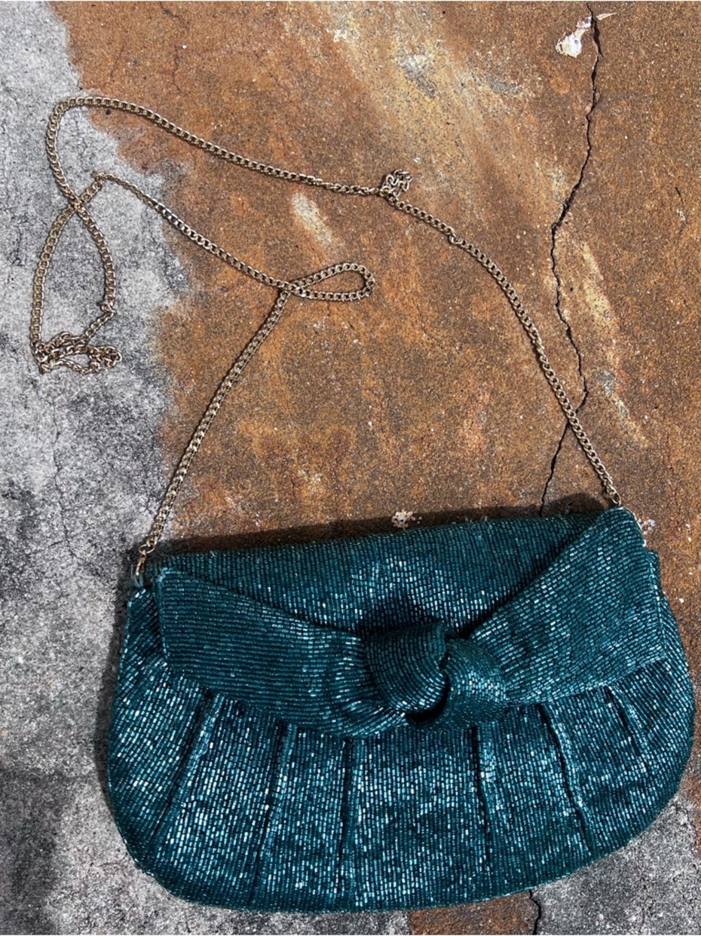 New Maeve Anthropologie Teal Beaded Bow Clutch with Chain Crossbody Strap
